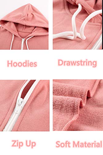 Hooded Sweatshirt Jacket For Women Long Sleeve Solid Color Drawstring Full-Zip Track Jacket Outerwear With Pockets Pink L #TOP5