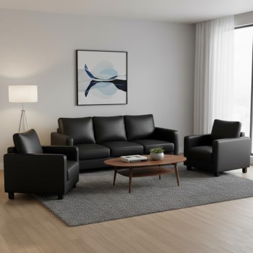Image of FURNY Haster 5 Seater Premium Leatherette 3+1+1 Sofa Set (Black) Premium Finish | Comfortable & Ideal for Living Room