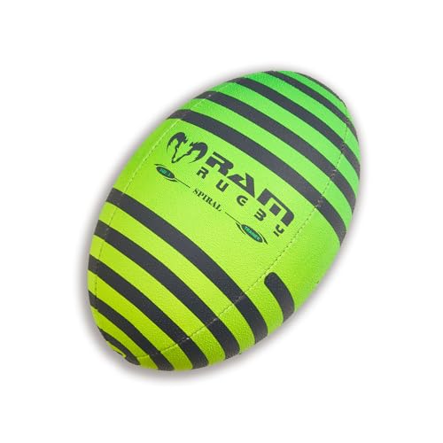 Ram Rugby Club Quality Fun Neon Spiral - Squad Training Ball - Sizes 5 4 3 & Mini 3ply 3-D Grip Junior Children Mini Youth Adult Gift Street Trainer