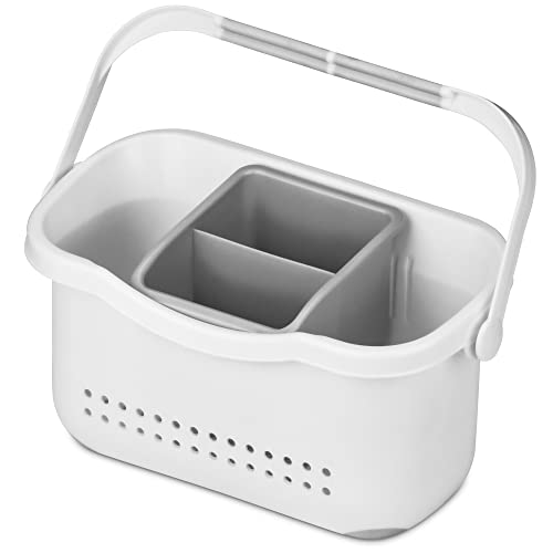 DecorRack Small Shower Caddy Anti-Slip 9x4 Bath and Beauty Plastic Organizer Basket with Detachable Compartment Handle for Bathroom Dorm Toothbushes Toothpaste Soap and Beauty Products.