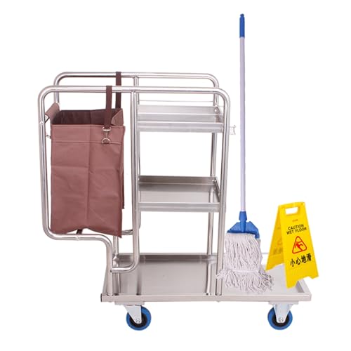Stainless Steel Cleaning Cart, Commercial Traditional Housekeeping Service Carts, Cleaning Supplies Tool Cart Cleaning Rrolley Tool Cart Mobile Cleaning Trolley, for Garden School Hospital Factory H