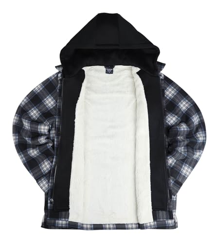 Image of LeeHanTon Mens Heavyweight Hoodies Casual Zip Up Plaid Flannel Shirt Jackets Winter Thick Berber Lined Fleece Coat