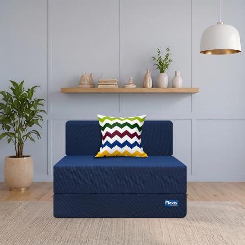 Image of Starlon 1 Seater Foldable Sofa Cum Bed 3-in-1 with 1 Waves Pattern Pillow, Washable Jute Fabric Cover, Space Saving Guest Bed, Pre-Assembled Royal Navy Blue 2.5x6 Ft