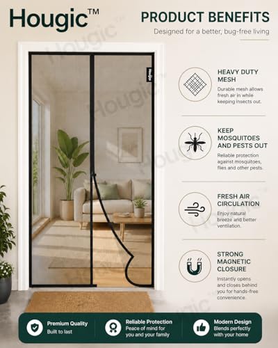 Image of Magnetic Mosquito Screen Door Net Curtain (with Thumb Pins Only (Tape not Included)) Magnets Reinforced Polyester Curtain Back Door Mesh with Insect Control | Insect Repellent Size 7 feet Black Color