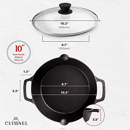 Image of Cuisinel Cast Iron Skillet with Glass Lid - 10 inch-Inch Dual Handle Frying Pan + Pan Scraper + Silicone Handle Holder Covers - Pre-Seasoned Oven, Grill, Stovetop, Fire, Indoor /Outdoor Cookware