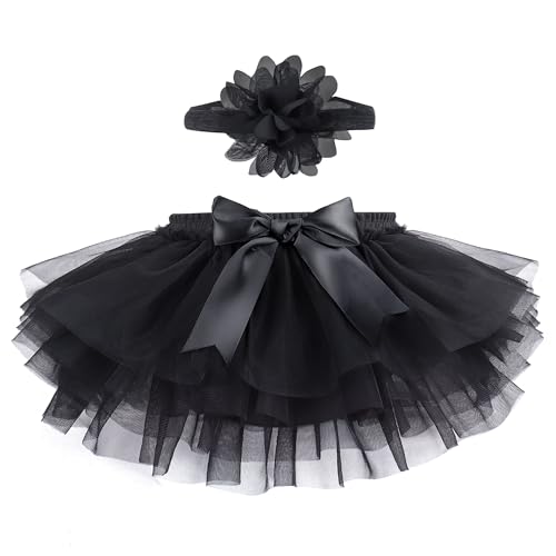 Baby Girls Tutu Skirt with Diaper Cover,Soft Tulle Skirt Infant Shorts with Headband Black