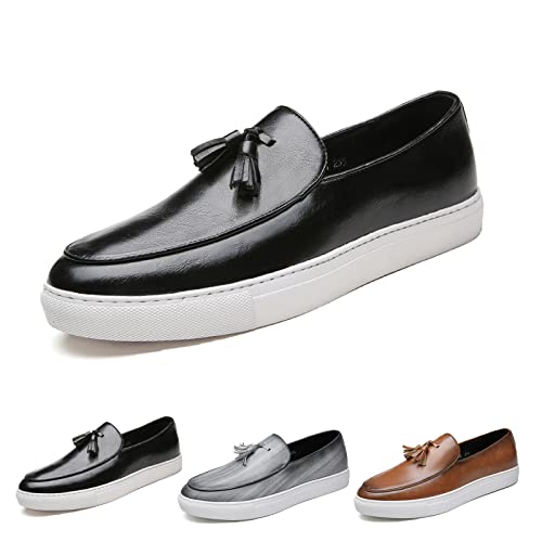 Men's Polished Leather Slip-On Casual Loafers with Tassel Fashion Round Toe Comfort Non-Slip Thick Sole Business Dress Flat Penny Loafer for Work Driving