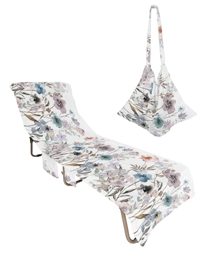 Spring Floral Beach Lounge Chair Towel Cover, Soft Chaise Lounge Towel with Side Pockets Patio Pool Chairs Cover for Beach/Pool Sunbathing 29x85 Summer Botanical Flowers Watercolor