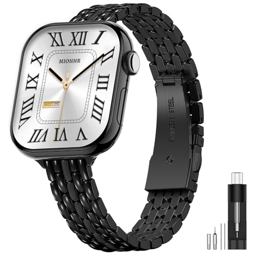 Image of Slim Metal Bands for Apple Watch 38mm 40mm 41mm 42mm(Series 11 /10) | Thin Shiny Stainless Steel Strap Bands for Women, Fit iWatch Series 11 10 9 8 7 6 5 4 3 2 1 SE3 SE2 SE, Black
