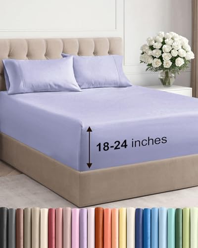 Image of Extra Deep Twin Sheet Set - 4 Piece Breathable & Cooling Sheets - Lavender | Hotel Luxury Bed Sheets Set, Easy & Secure Fit, Ultra-Soft, Wrinkle & Fade Free, Comfy Sheets Set with Extra Deep Pockets