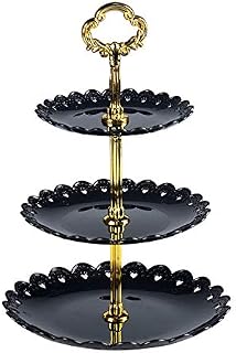 QISHENG 3-Tier ake Stand Cupcake Stand Plastic Serving Tray Metal Dessert Stand Dessert Stand Round Cupcake Holder with Golden Carry Handle for Birthdays, Party, Baby Showers - Black
