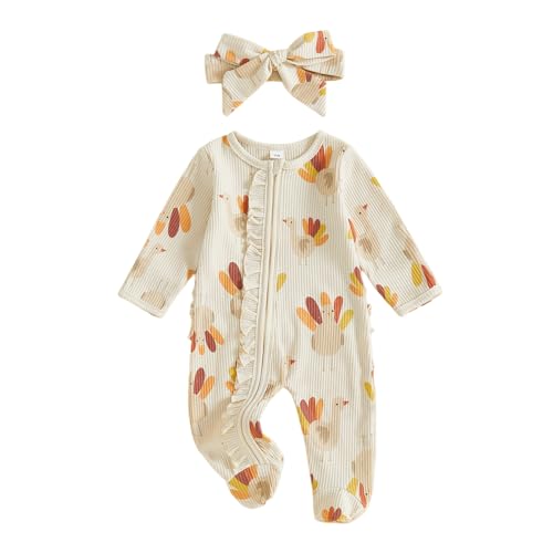Userdefined Newborn Baby Girl Thanksgiving Halloween Outfit Ruffle Butt Romper Turkey Onesie Footie Fall Winter Clothes