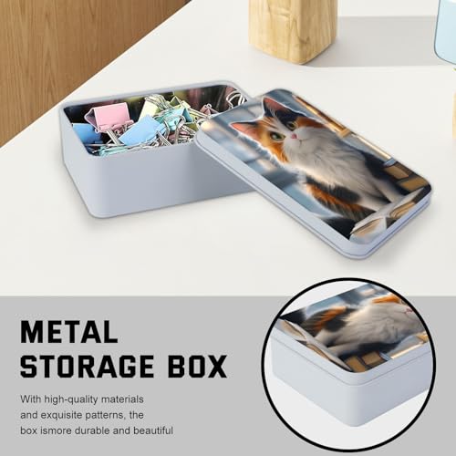 Image of Metal Tin Box with Lid,Multi-functional Storage Large Box Can Store Tea Biscuits Game Cards, Playing & Tarot Cards-Comes with 4 Magnetic Cord Clips,Calico Cat with Books