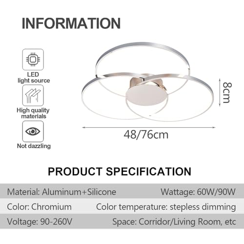 Plafonnier LED moderne 60W 90W chromé à 3 anneaux avec télécommande - 3