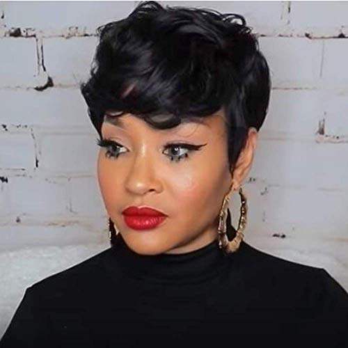 Sallcks Short White Wigs Pixie Natural Straight Asymmetric Halloween Cosplay Costume Wig Synthetic Heat Resistant Hair Full Wig for Women (Black - Natural Wavy)