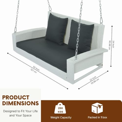 Image of DEVOKO All Weather Resistant Rattan Wicker Double Seater Sofa Swing with Cushions for Garden, Poolside, Terrace, Balcony (White & Dark Grey)