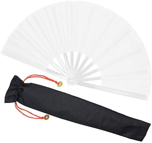 Zolee Large Rave Folding Hand Fan for Men/Women - Chinese Japanese Solid Kung Fu Tai Chi Handheld Fan with Fabric Case - for EDM, Music Festival, Club, Event, Party, Dance, Performance, Gift (White)