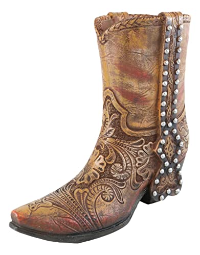 Ebros Gift Rustic Western Colorful Faux Tooled Leather Brown Cowboy Cowgirl Boot With Flower Lace Scroll Nailheads Patterns Decorative Figurine Or Floral Vase Planter Table Countertop Accent #TOP2