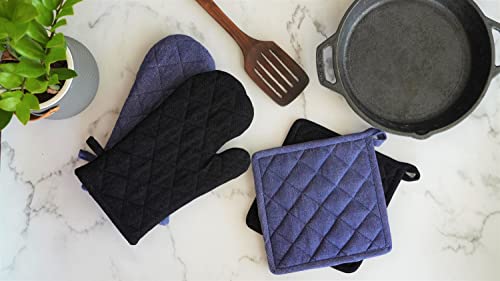 Image of 2 Oven Mitts and 2 Pot Holders Set-Cotton Heat Resistant Pot Stand and Kitchen Gloves-Heat Proof-Free Size-Combo Set (Blue and Grey Mix)
