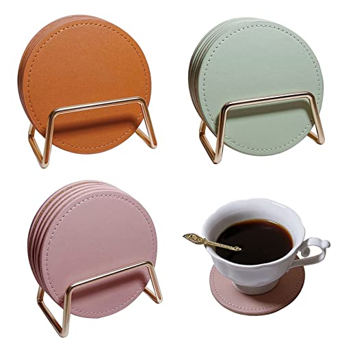 Wuciray Dessous de Verre Liege en Cuir PU avec Support en Métal sous Verre Rond pour Cafe Biere Tasse a The (Vert) Cover