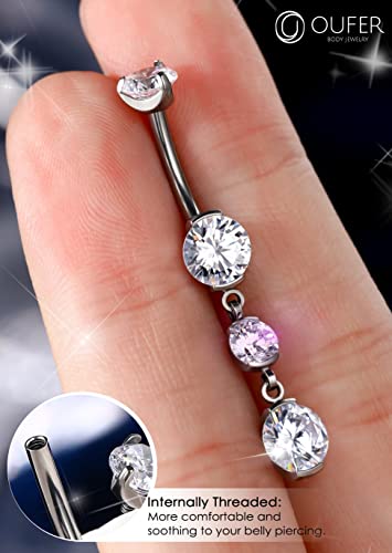 OUFER Titanium Belly Button Rings, Belly Button Rings Dangling, 14G Belly Piercing Jewelry, Internally Thread Clear CZ Belly Rings for Women Men3