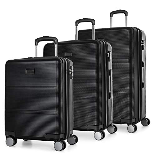 Bugatti Brussels Collection 3 Piece Hard Shell Luggage Set, Expandable Suitcases With 360-Degree Spinner Wheels, Retractable Handle, 20 Inch Carry On, 24 Inch Mid-Size, 28 Inch Large Bags, Black #TOP8