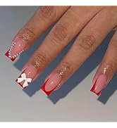 Cute Medium Press on Nails Square SWEKKE French Tip Fake Nails Red Full Cover False Nails with Bo...