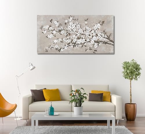Image of VEAEE White Blossom Branches Wall Art, Floral Canvas Prints, Living Room Decor Abstract Flowers Painting Canvas Pictues, Contemporary Artwork Bedroom Office Kitchen Wall Decor Ready to Hang 20 inchx40 inch