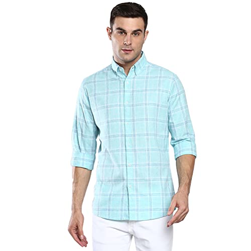 Image of Dennis Lingo Men's Checkered Slim Fit Cotton Linen Casual Shirt with Button-Down Collar & Full Sleeves