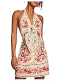 RoseSeek Women's Tropical Floral Backless Halter Dresses Cut Out Knot Front Sleeveless Vacation Short Dress Pink XX-Large