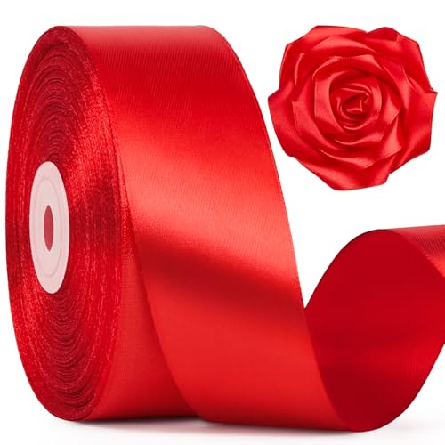 Image of Mauproy 1-1 /2 Inch Wide Red Satin Ribbon, 50 Yards Solid Polyester Fabric Ribbon for Roses Making, Mother's Day, Gift Wrapping, Flower Bouquets, Wedding Decorations, Handmade Crafts