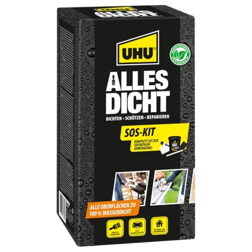 UHU Alles Dicht SOS-KIT Zum Dichten Schützen und Reparieren Wasserdicht Für innen und außen Mit 750 ml Dichtmasse Pinsel Rührstab und Dichtband