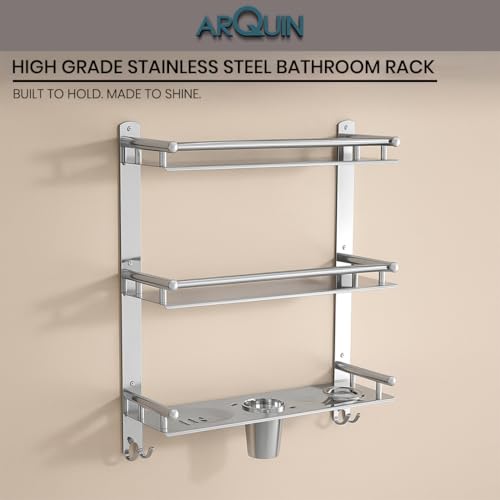 Image of ARQUIN Bathroom 3 Layer Shelf | Bathroom Accessories Set | Bathroom Storage Organiser Multipurpose Stainless Steel 3 Tier Shelf with Double Soap Dish & Toothbrush Tumbler Holder