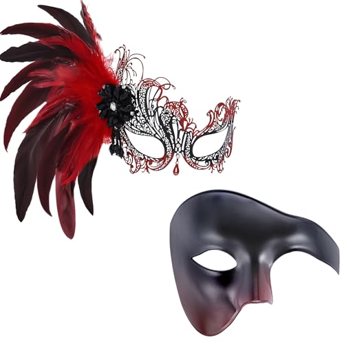 Zinniday Couples Masquerade Mask Set 2 Pcs Red Black Venetian Masquerade Masks with Feathers Metal Mask and Phantom of The Opera Eye Mask for Couples Women Men Carnival Ball Prom Party Dress Up