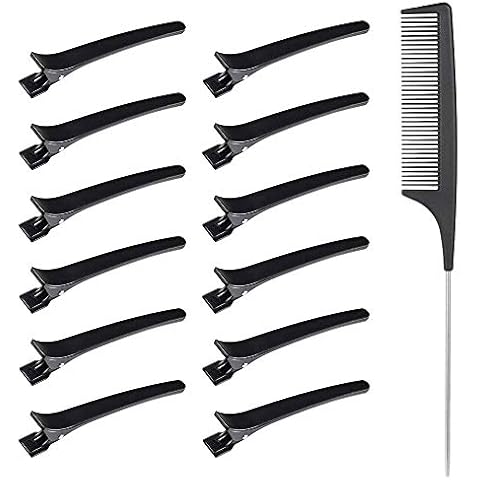 HQCM 12PCS Hair Clips Barrette, With 1PCS Tail comb, Hairdressing Curl Clips, Professional Styling Sectioning Clips, Suitable For Ladies And Girls In Home Salons, Hair Salon Barbers Use Tools, Black Cover