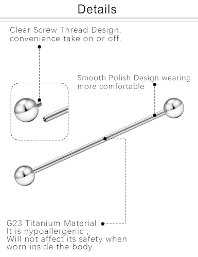 Dyknasz Titanium Industrial Piercing Jewelry 16g & 14g Internally Threaded Bar Earrings for Women & Men - Bar Length 35-40mm3