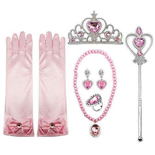 Beunique Accessoires 8 Pièces Fille Déguisement Baguette Magique Couronne Gants Collier Bague Boucles d'oreilles Cosplay Costume Cadeau Anniversaire