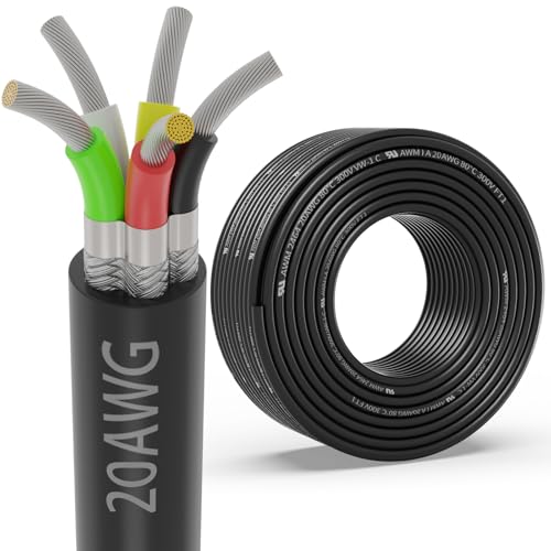 20 Gauge 5 Conductor Shielded Wire 50FT, UL2464 20 AWG 5 Core Cable Tinned Copper Stranded 20/5 CNC Wire for CNC VFD Spindle, Stepper Motor, 3D Printer, Sound, Speaker, Signal Transmission, etc.