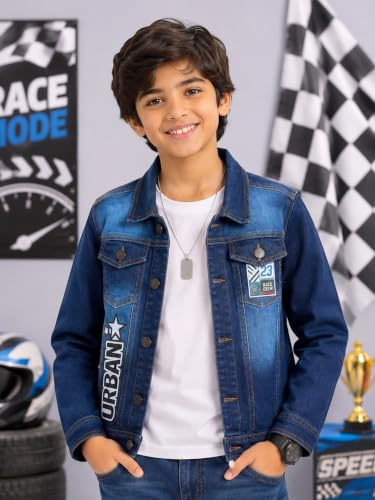 Image of KiddoPanti Boys Denim Jacket | Cotton Poly Blend with Spandex | Washed Denim, Full Sleeve | Button Closure & Front Flap Pockets | Collared Neck