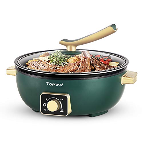 Topwit Indoor Electric Grill with Adjustable Power Control 35L Detachable Nonstick Electric Hot Pot for BBQ 12” Deep Dish Multifunction Electric Skillet Electric Frying Pan with Tempered Glass Lid