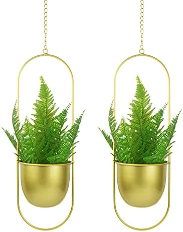 HemePaha Metal Hanging Planters, Set of 2 Gold Oval Geometric Plant Hanger with Pot, Modern Wall and Ceiling Planter for Indoor Outdoor Plants Home Décor(Gold, 6inch Pot, 2Pack)