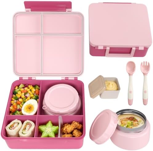 Kids Lunch Box 4 Compartment Bento with 8oz Food Jar，Pink | Leakp...
