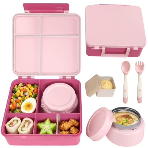 Image of Kids Lunch Box 4 Compartment Bento with 8oz Food Jar，Pink