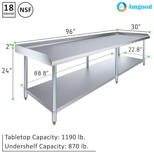 Image of AmGood Stainless Steel Equipment Stand - Heavy Duty, Commercial Grade, with Undershelf, NSF Certified (30 inch Width x 96 inch Length)