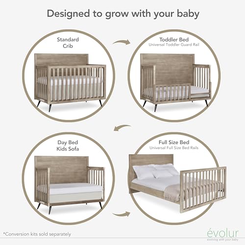 Image of Evolur Stilnovo Mid Century Convertible Crib Wooden Full Size Bed Rail I Lasting Quality, Windsor Oak Grey