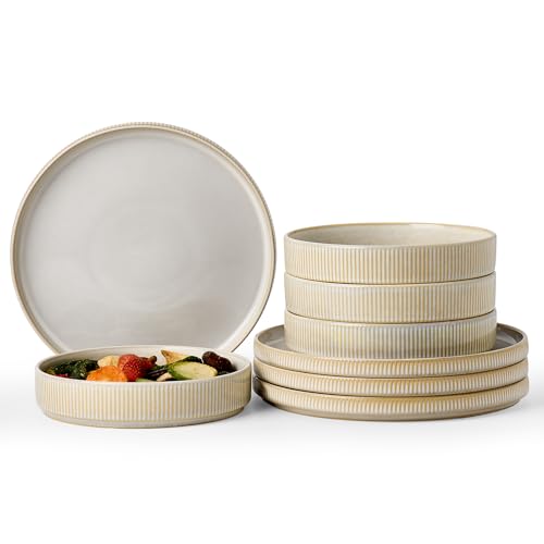 Image of Famiware Star 8-Piece Stoneware Dinnerware Set for 4 - 23 oz Shallow Pasta Bowls and 10.5 inch Flat Dinner Plates, High Edge Dishes, Chip & Scratch Resistant, Microwave & Dishwasher Safe, Cappuccino White