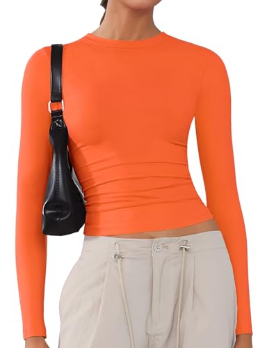 Camisetas básicas con manga larga y cuello redondo para mujer, elásticas, de estilo Y2K, ajustadas, para salir, blusas cortas, Naranja, M