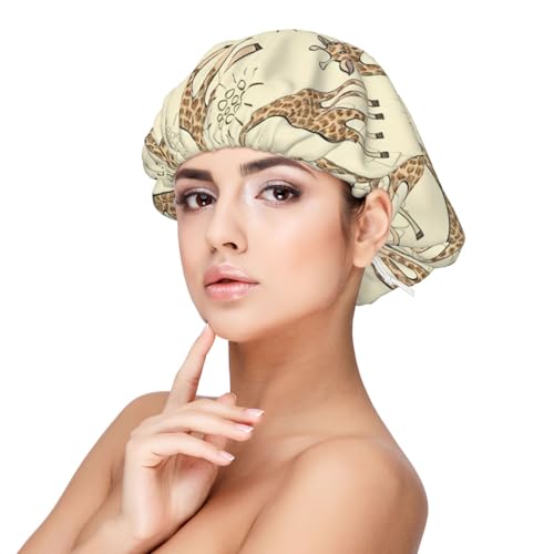 Double Layer Reversible Hair Wrap Satin Sleep Hand Drawn Giraffes Cap Bonnet for Braid Curly Hair Satin Bonnet Black