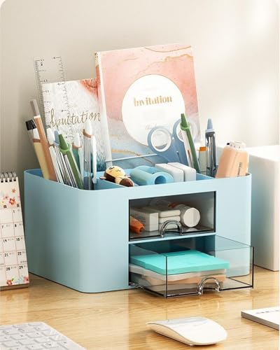 Image of Office Desk Organizer with 2 Drawers Multi-Functional Desktop Pen Pencil Case Storage Box,Desktop Organizer for Office Home Supplies Blue LCC570-01