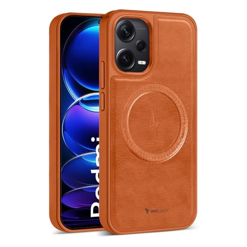 Image of Vaku Luxos Maxtron Back Cover Case for Xiaomi Redmi Note 12 Pro Leather Stitched Magnetic Magsafe TPU Shockproof Case Camera Screen Protector- Brown